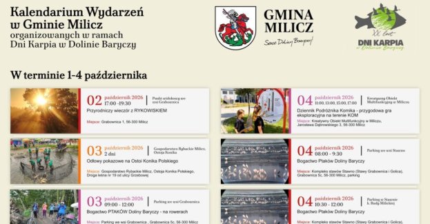 Urząd Miejski w Miliczu zapowiada siedem wydarzeń w ramach Dni Karpia w Dolinie Baryczy, zaplanowanych od 2 do 4 października 2026 r. W programie znajdują się m.in. spotkanie przy rykowisku, pokazy odłowów, wyprawy ornitologiczne oraz gra eksploracyjna.